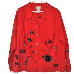 Quacker Factory Red Denim Floral Embroidered 1X Jacket Coat